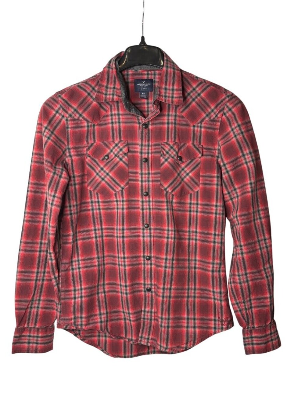 American Eagle Outfitters Mens Slim Fit Pearl Snap Shirt S Plaid Red Black White